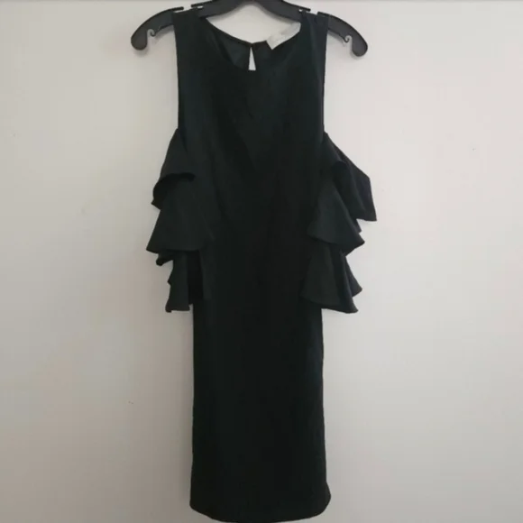 REVOLVE AMANDA UPRICHARD BLACK SILK COLD SHOULDER RUFFLE SLEEVE BELTED DRESS - Picture 2 of 12